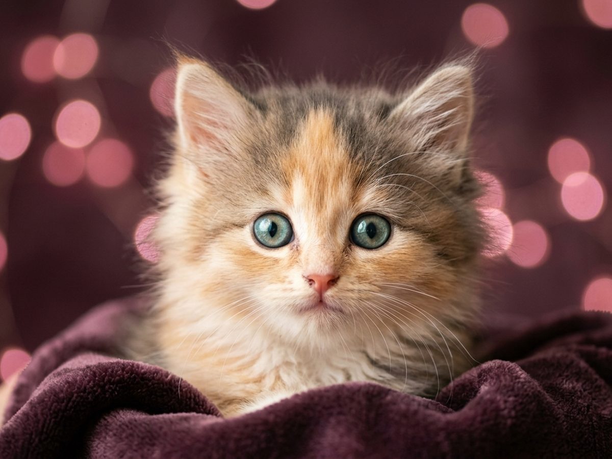 Potret dekat kucing berbulu tebal dengan mata besar menatap kamera di atas latar bokeh pink