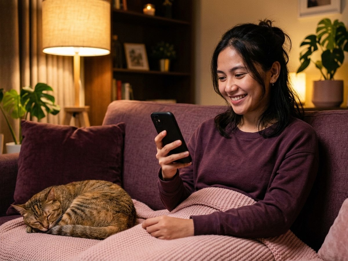 Seseorang santai di sofa sambil tersenyum menonton video kucing lucu di ponsel